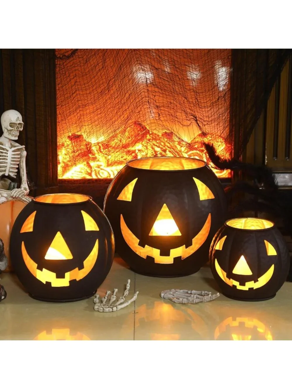 Set of 3 Halloween Jack O' Lanterns with LED Candles & Creepy Cloth Decor